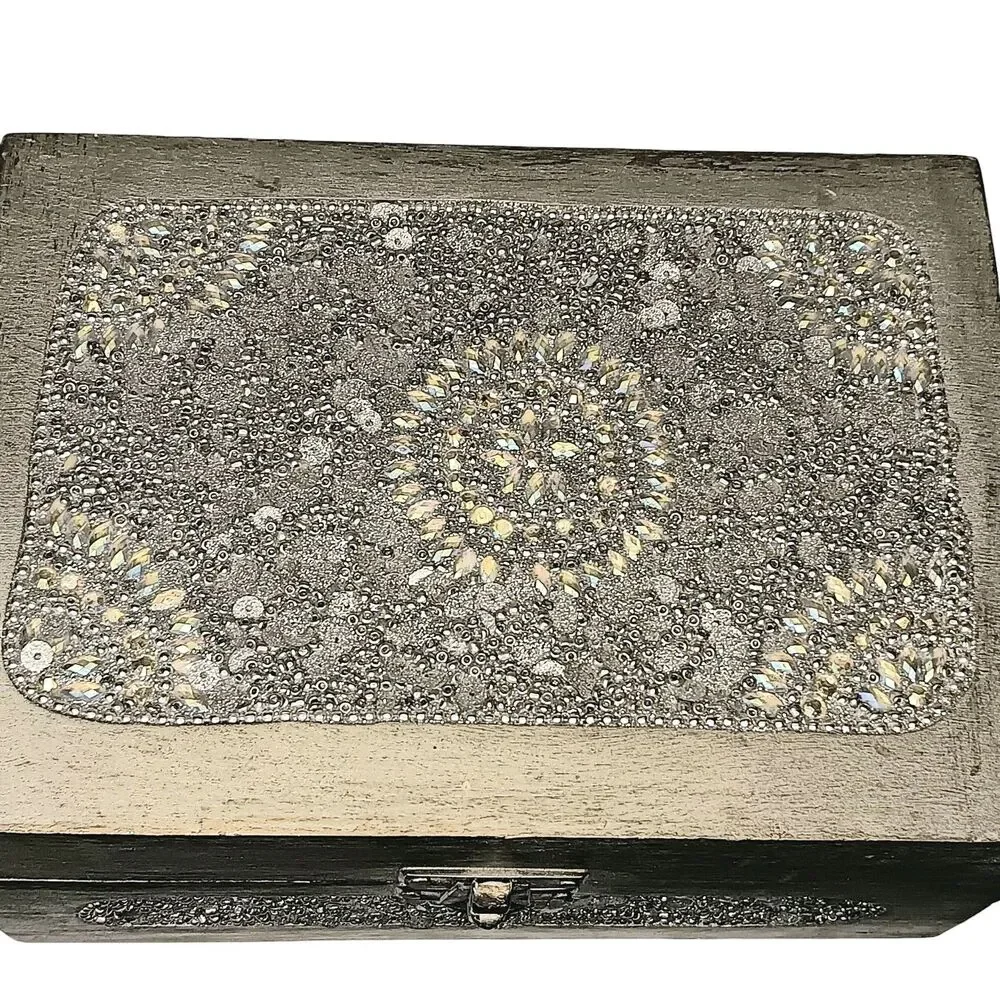 Sparkly Jewlery Box Silver With Sequins & Rhinestones Lightweight Wood 7 x 5 x 3